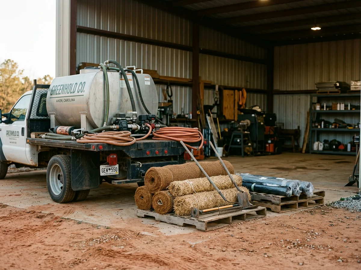 Professional hydroseeding equipment and crew tools ready for residential and commercial lawn installation projects.
