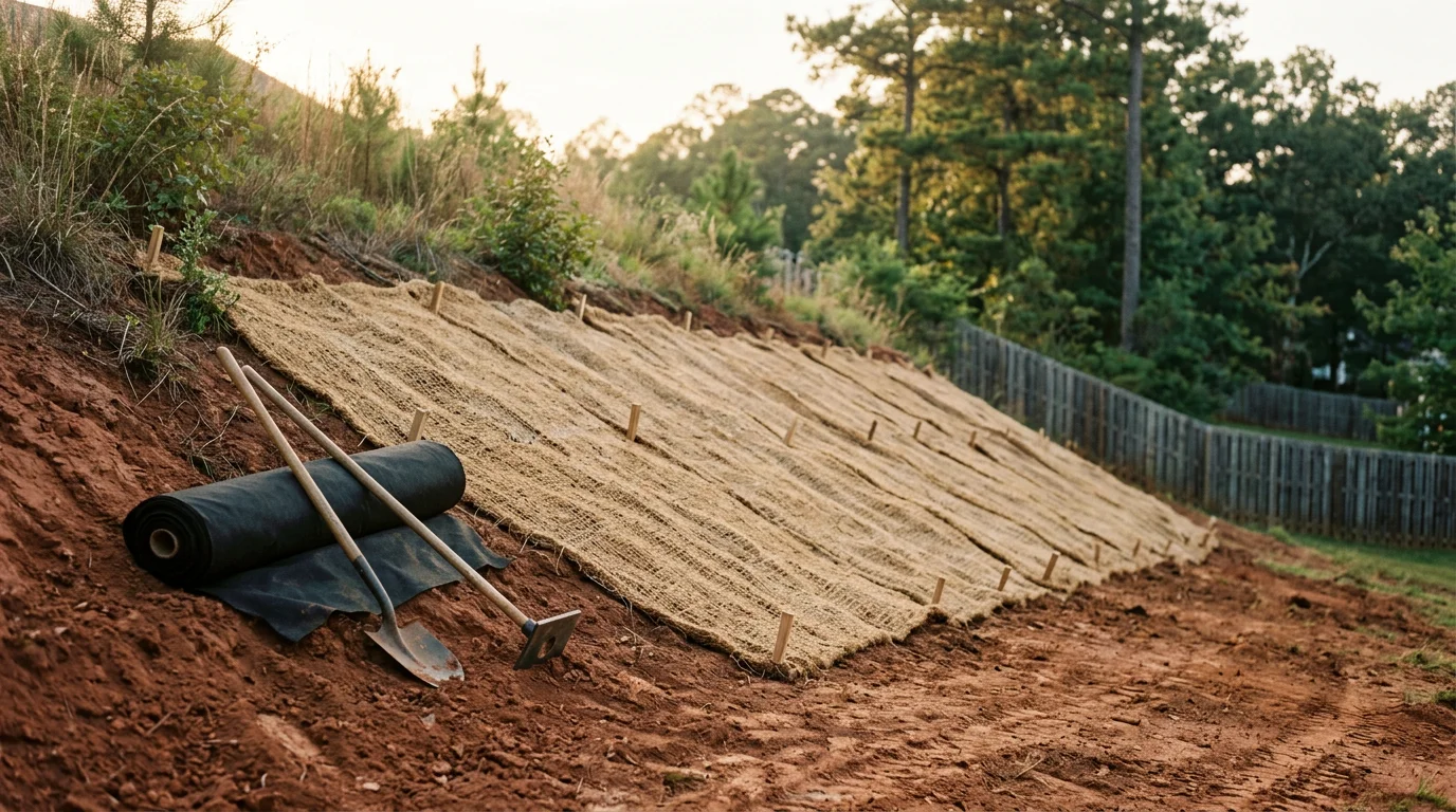 Erosion control materials and stabilization work on a hillside to prevent soil loss and runoff