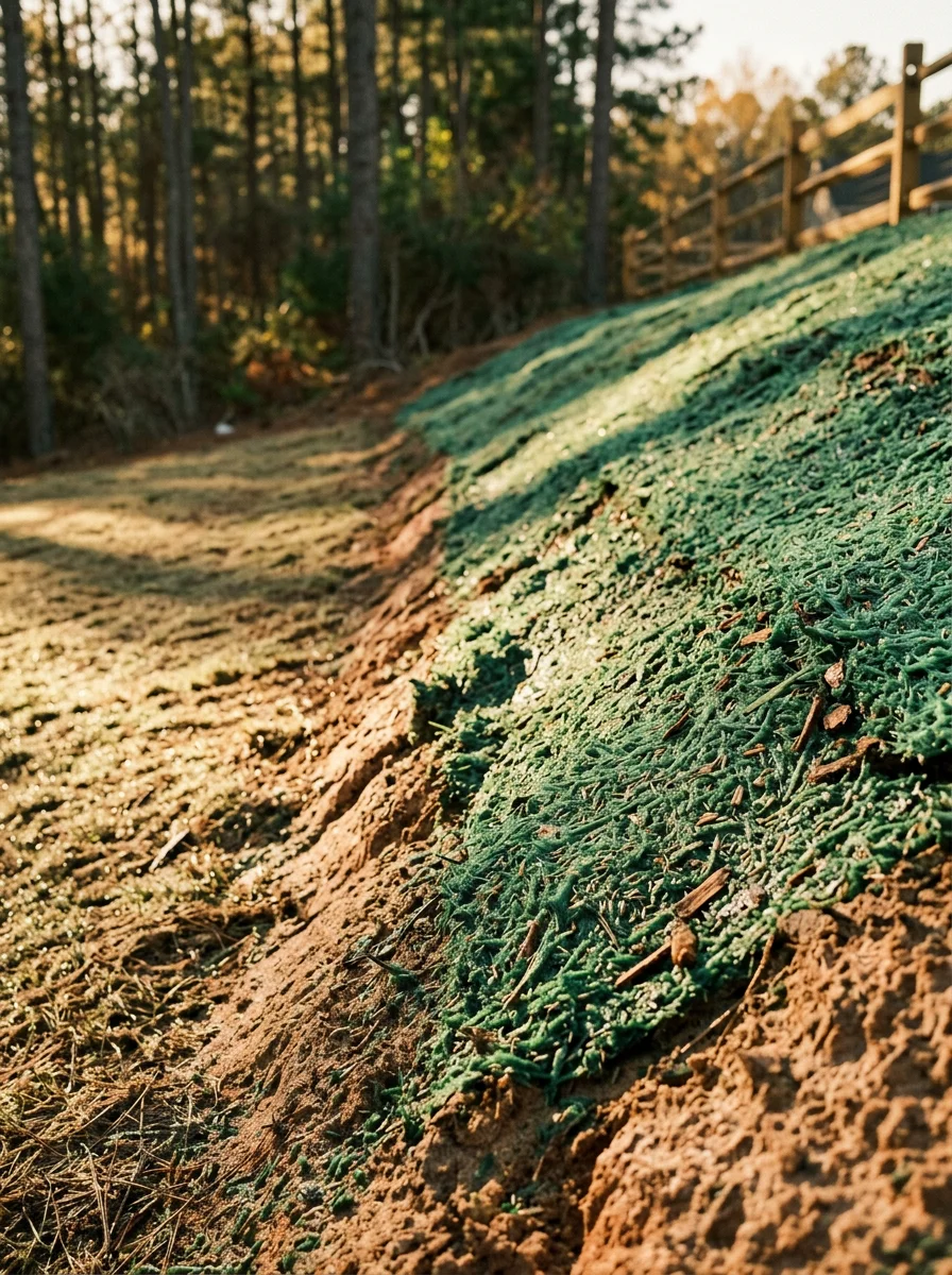 Close-up of freshly hydroseeded slope in Aiken SC showing green mulch mat covering exposed sandy loam soil on a residential property.