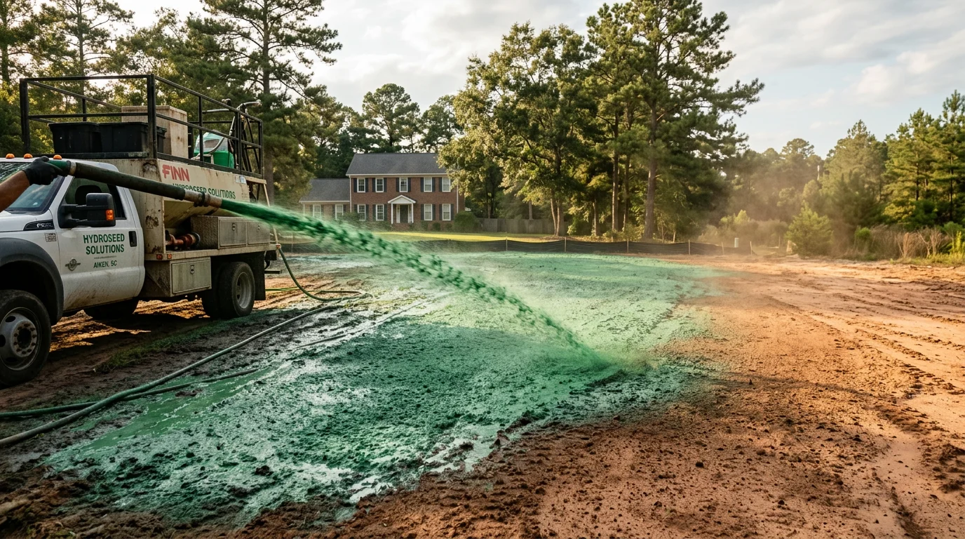Hydroseeding crew spraying green slurry across a bare graded lot in Aiken, South Carolina, with sandy soil visible at the edges of the spray pattern.