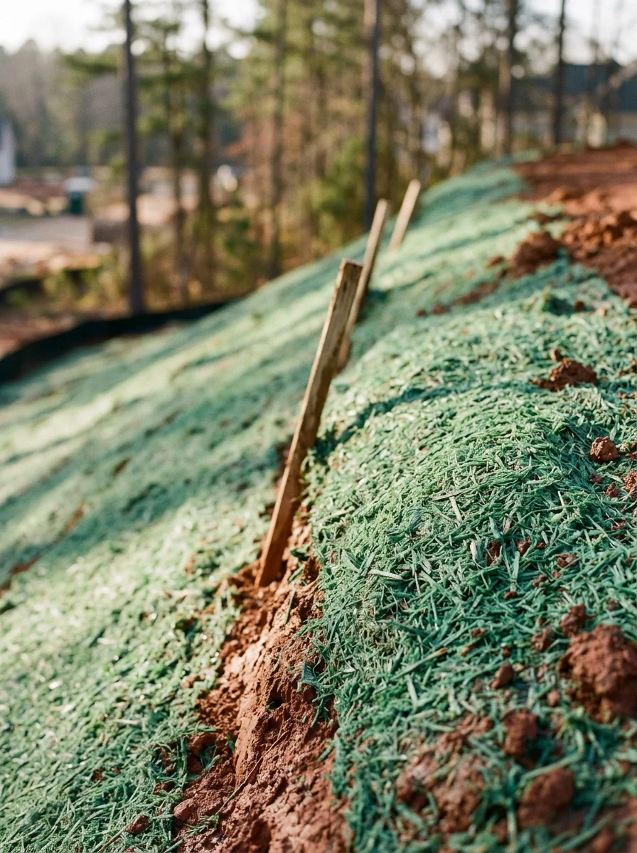 Close-up of hydroseeded red clay slope in Columbia SC showing green fiber mulch mat bonded to the soil surface after application on a newly graded lot.