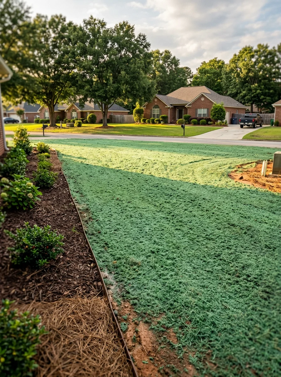 New residential lawn in Evans GA showing uniform green hydroseeded coverage across a flat graded lot in a Columbia County subdivision, with neighboring homes visible.