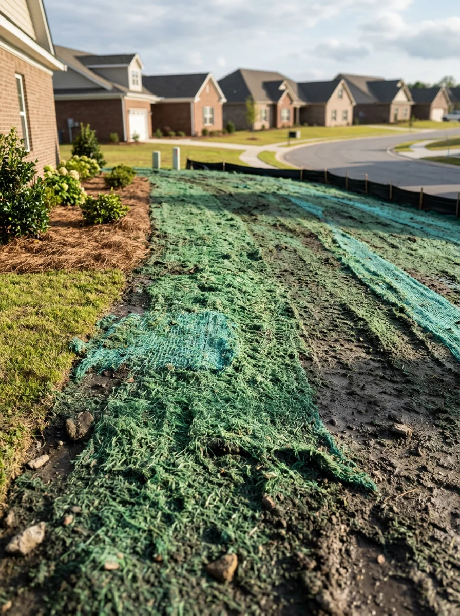 Freshly hydroseeded residential lot in a Lexington SC subdivision showing green mulch mat over compacted clay soil on a newly graded property near Highway 378.