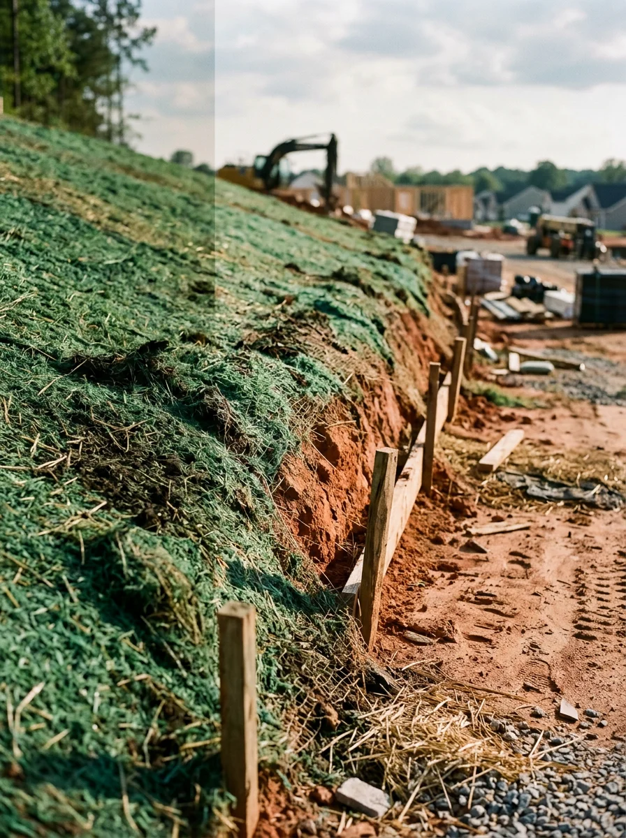 Freshly stabilized bare slope in North Augusta SC with green hydroseeding mulch mat covering a cut bank on a new construction home site.