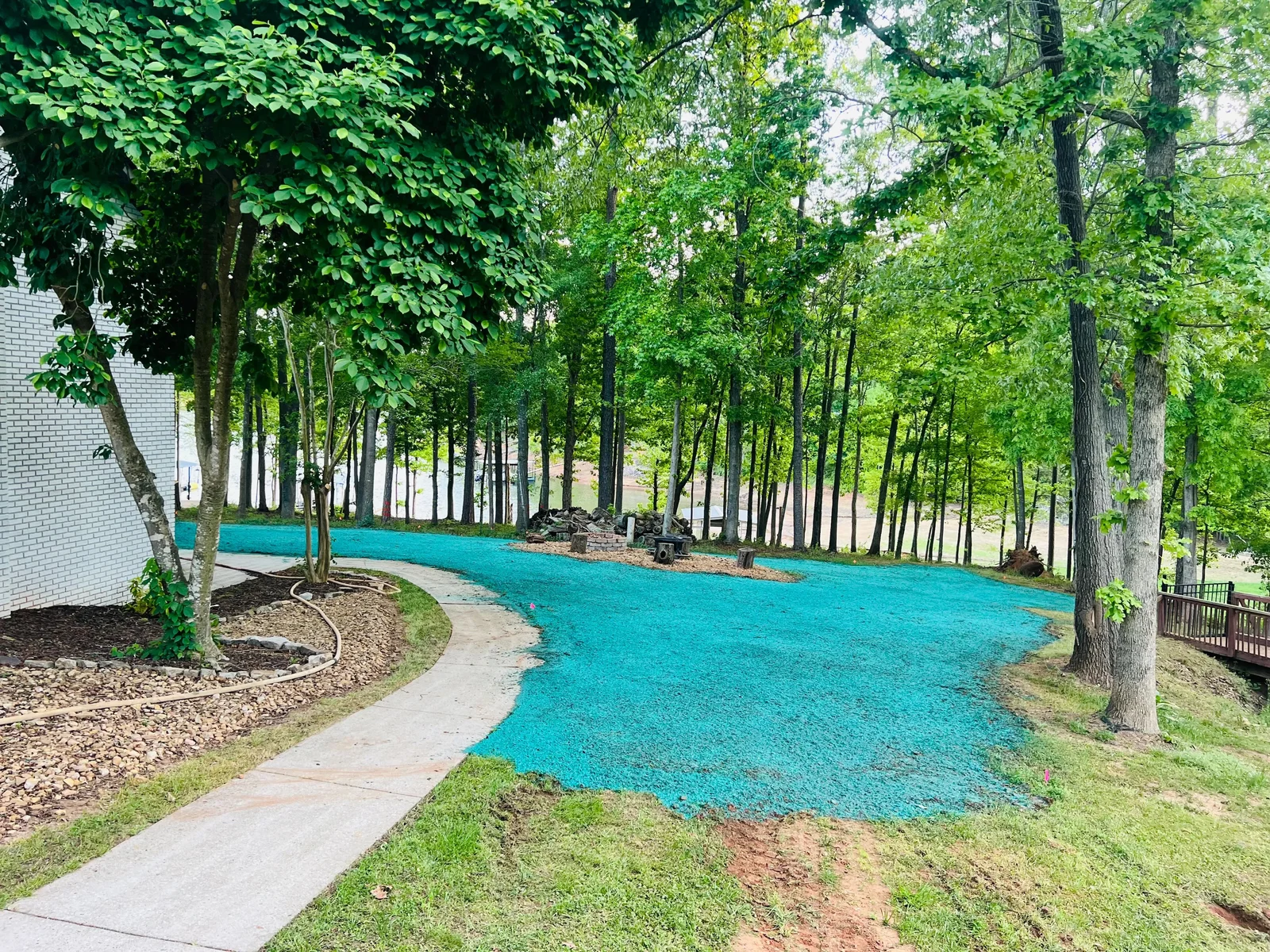 Commercial hydroseeding application in progress on a large graded construction site in Aiken, SC, with green hydroseed slurry sprayed evenly across exposed soil and a gentle slope in the background.