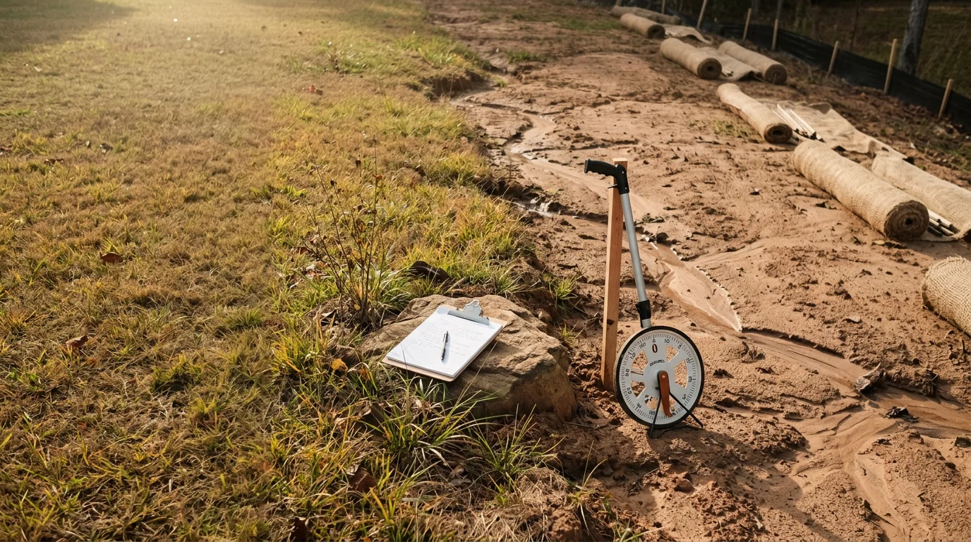 An erosion control consultant from Greenhold Co. assessing a sloped residential property in Aiken, SC, examining bare soil and runoff channels along a graded embankment. The site shows visible signs of water erosion on clay-mixed ground typical of the Central Savannah River Area.