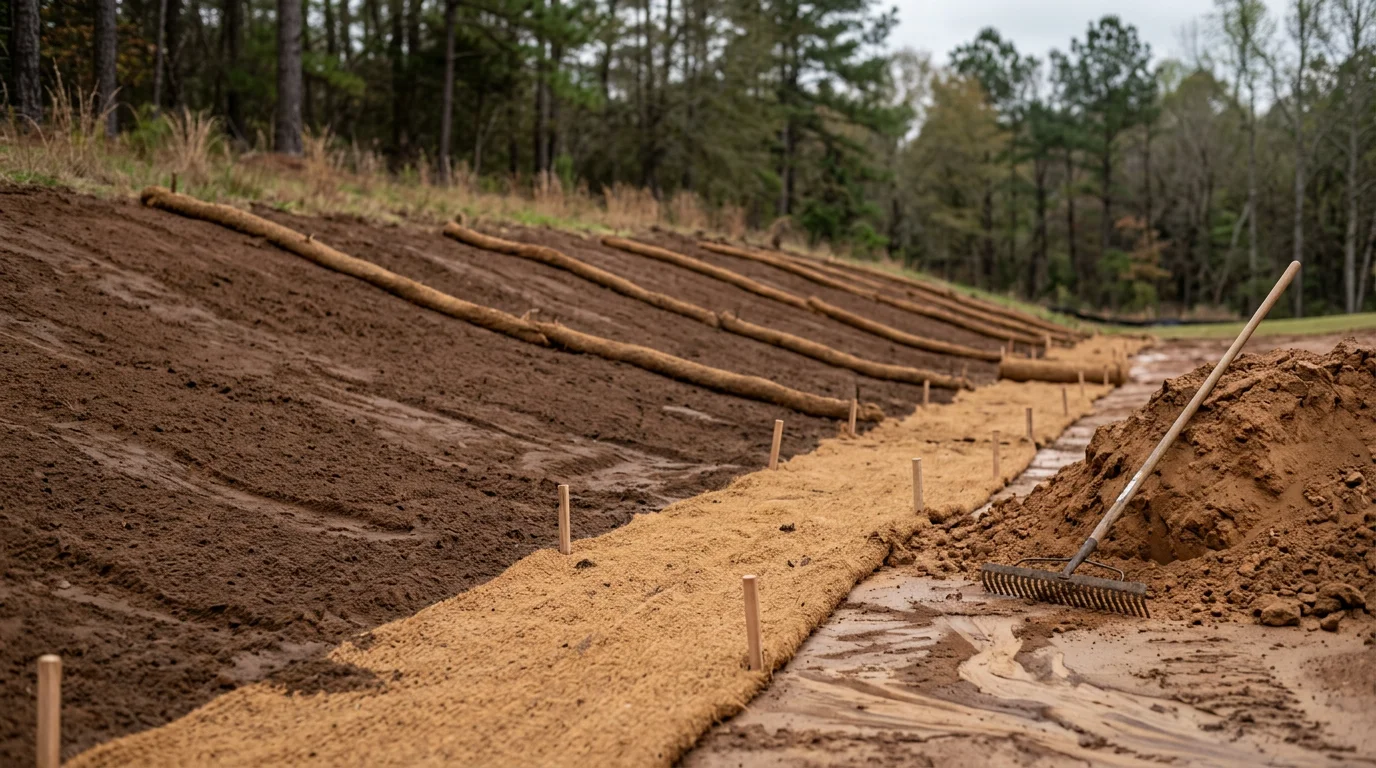 Stabilized sloped yard in Aiken, SC with ground cover and erosion control measures installed along a graded embankment. Bare soil has been secured to prevent runoff from washing sediment toward the property's foundation and drainage areas.