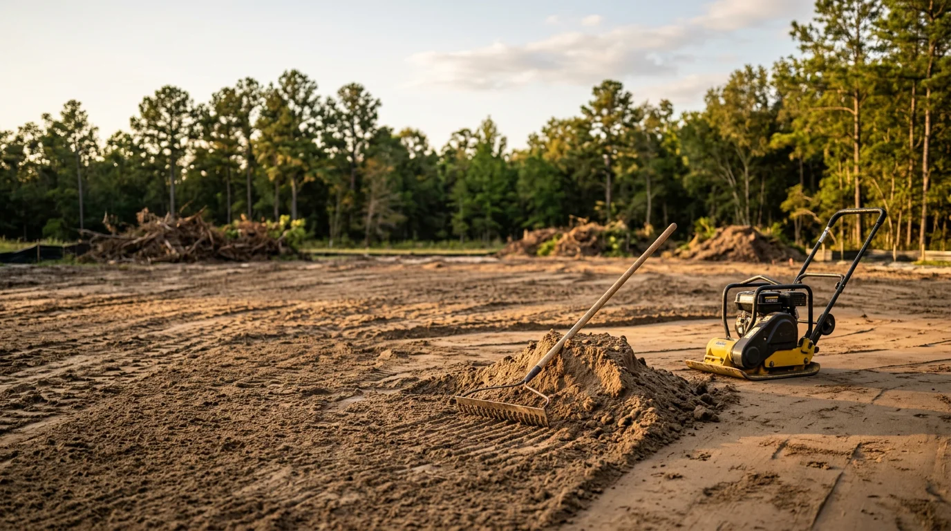 A graded and cleared land parcel in Aiken, SC with smooth, compacted soil ready for erosion control installation. The site shows properly sloped ground with no standing water or surface debris.