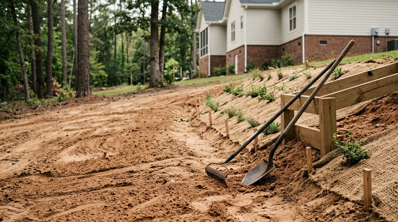 A stabilized grassy slope on a residential property in Aiken, SC, with established ground cover holding soil in place along a graded embankment. No visible rilling or bare soil patches are present on the treated slope face.